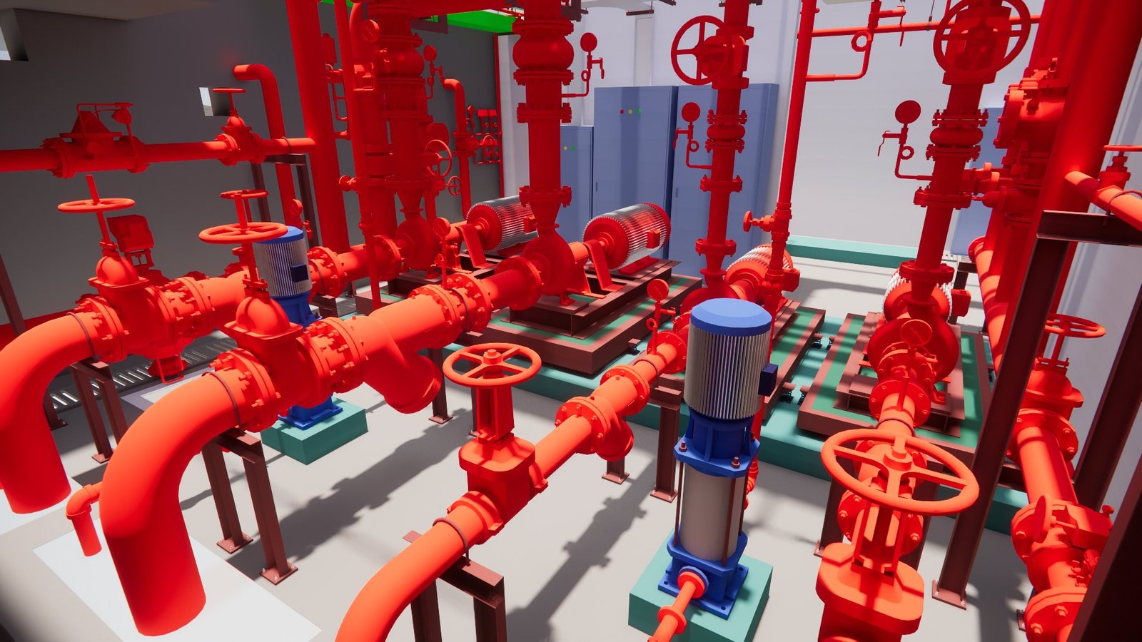 Fire protection pump room — fully modelled sprinkler and suppression system