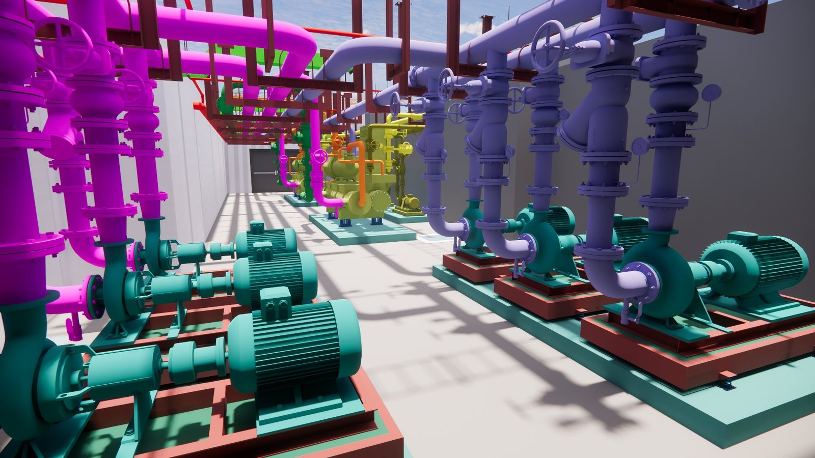 Mechanical plant room with heat exchangers, pumps and valves modelled to LOD 400