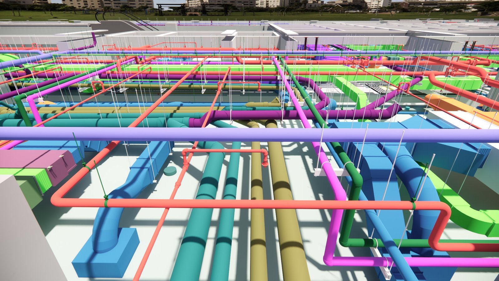 Rooftop mechanical plant — chillers, pumps and distribution piping coordinated across the roof deck